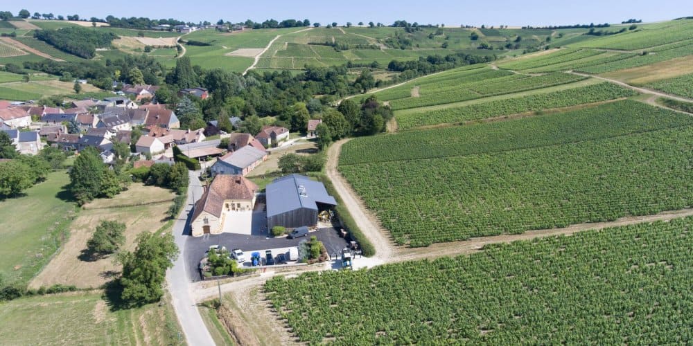 Vue aérienne du vignoble du Domaine Guillerault-Fargette à Sancerre, entouré de collines verdoyantes et de parcelles de vignes en terrasses.